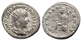 Gordian III (238-244). AR Antoninianus (22mm, 4.08g, 12h). Rome, AD 239. Radiate, draped and cuirassed bust r. R/ Roma seated on shield, holding Victo...