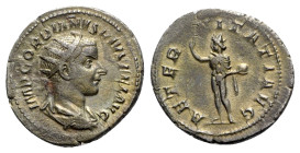 Gordian III (238-244). AR Antoninianus (23mm, 3.89g, 6h). Rome, 241-3. Radiate, draped and cuirassed bust r. R/ Sol standing facing, head l., extendin...