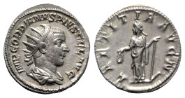Gordian III (238-244). AR Antoninianus (22mm, 5.51g, 12h). Rome, 240-3. Radiate, draped and cuirassed bust r. R/ Laetitia standing l., holding wreath ...