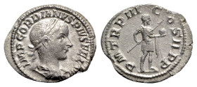 Gordian III (238-244). AR Denarius (21mm, 2.17g, 6h). Rome, AD 240. Laureate, draped and cuirassed bust r. R/ Gordian standing r., holding globe and s...