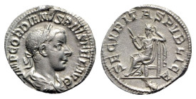 Gordian III (238-244). AR Denarius (19mm, 2.70g, 6h). Rome, AD 241. Laureate, draped and cuirassed bust r. R/ Securitas seated l. on throne, holding s...