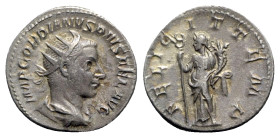 Gordian III (238-244). AR Antoninianus (21.5mm, 3.85g, 12h). Rome, AD 244. Radiate, draped and cuirassed bust r. R/ Felicitas standing l., holding cad...