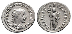Gordian III (238-244). AR Antoninianus (23mm, 4.72g, 7h). Rome, AD 243. Radiate, draped and cuirassed bust r. R/ Felicitas standing l., holding long c...