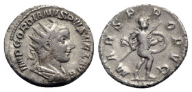 Gordian III (238-244). AR Antoninianus (21mm, 4.57g, 6h). Rome, AD 244. Radiate, draped and cuirassed bust r., seen from behind. R/ Mars walking r., h...
