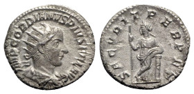 Gordian III (238-244). AR Antoninianus (22mm, 4.57g, 12h). Rome, AD 244. Radiate and draped bust r. R/ Securitas, standing l., holding sceptre, leanin...