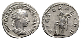 Gordian III (238-244). AR Antoninianus (21.5mm, 4.63g, 12h). Rome, AD 244. Radiate, draped and cuirassed bust r. R/ Victory standing facing, head l., ...