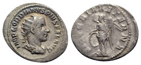 Gordian III (238-244). AR Antoninianus (24mm, 3.79g, 11h). Rome, AD 244. Radiate, draped and cuirassed bust r. R/ Victory standing facing, head l., ho...