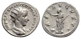 Gordian III (238-244). AR Antoninianus (22mm, 4.19g, 1h). Antioch, 238-9. Radiate, draped and cuirassed bust r. R/ Pax standing l., holding branch and...