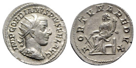 Gordian III (238-244). AR Antoninianus (23mm, 4.43g, 6h). Antioch, AD 243. Radiate, draped and cuirassed bust r., seen from behind. R/ Fortuna seated ...