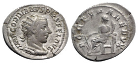 Gordian III (238-244). AR Antoninianus (25mm, 4.08g, 12h). Antioch, AD 243. Radiate, draped and cuirassed bust r., seen from behind. R/ Fortuna seated...