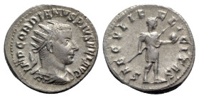 Gordian III (238-244). AR Antoninianus (23mm, 4.24g, 5h). Antioch, 242-4. Radiate, draped and cuirassed bust r. R/ Gordian standing r., holding transv...