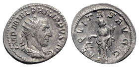 Philip I (244-249). AR Antoninianus (23.5mm, 4.01g, 12h). Rome, AD 246. Radiate, draped and cuirassed bust r. R/ Aequitas standing l., holding scales ...