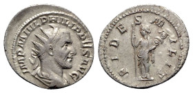 Philip I (244-249). AR Antoninianus (24mm, 4.24g, 12h). Rome, AD 244. Radiate, draped and cuirassed bust r. R/ Fides standing l., holding sceptre and ...