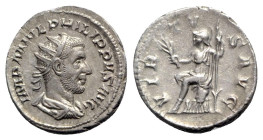 Philip I (244-249). AR Antoninianus (22mm, 3.97g, 7h). Rome, AD 244. Radiate, draped and cuirassed bust r. R/ Virtus seated l. on cuirass, holding bra...
