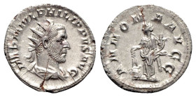 Philip I (244-249). AR Antoninianus (23mm, 3.96g, 6h). Rome, 247-9. Radiate, draped and cuirassed bust r. R/ Annona standing l., holding grain ears ov...