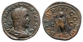 Philip I (244-249). Æ Sestertius (29mm, 17.51g, 12h). Rome, AD 246. Laureate, draped and cuirassed bust r., seen from behind. R/ Felicitas standing fa...