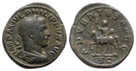 Philip I (244-249). Æ Sestertius (32mm, 23.08g, 12h). Rome, AD 245. Laureate, draped and cuirassed bust r. R/ Philip on horseback l., raising hand and...