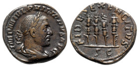 Philip I (244-249). Æ Sestertius (30mm, 17.93g, 12h). Rome, 244-9. Laureate, draped and cuirassed bust r., seen from behind. R/ Four standards. RIC IV...