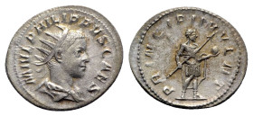 Philip II (Caesar, 244-246). AR Antoninianus (23mm, 3.86g, 6h). Rome, c. 244-6. Radiate, draped and cuirassed bust r. R/ Philip, in military attire, s...