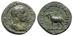 Philip II (247-249). Æ Sestertius (30mm, 17.73g, 12h). Secular Games issue. Rome, AD 248. Laureate, draped and cuirassed bust r. R/ Goat walking l. RI...