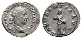 Trajan Decius (249-251). AR Antoninianus (22mm, 4.17g, 6h). Rome, AD 250. Radiate, draped and cuirassed bust r. R/ Abundantia standing r., emptying co...