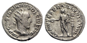 Trajan Decius (249-251). AR Antoninianus (22mm, 4.11g, 6h). Rome, AD 249. Radiate, draped and cuirassed bust r. R/ Genius standing l., holding patera ...