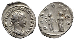 Trajan Decius (249-251). AR Antoninianus (23mm, 4.01g, 6h). Rome, AD 250. Radiate, draped and cuirassed bust r. R/ The two Pannoniae standing facing, ...