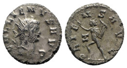 Gallienus (253-268). AR Antoninianus (21mm, 4.43g, 6h). Rome. Radiate bust r. R/ Sol walking l., holding whip and raising r. hand; Z to r. RIC V 249. ...