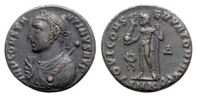 Constantine I (307/310-337). Æ Follis (17.5mm, 3.25g, 12h). Cyzicus, 317-320. Laureate bust l., wearing consular robes and holding sceptre, globe and ...