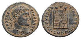 Constantine I (307/310-337). Æ Follis (20mm, 3.23g, 12h). Cyzicus, 326-7. Laureate head r. R/ Camp-gate surmounted by two turrets, star above; •SMKΓ•....