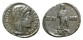 Divus Constantine I (died 337). Æ Follis (16mm, 1.69g, 11h). Cyzicus, 347-8. Veiled head r. R/ Constantine, veiled, standing r.; SMKH. RIC VIII 46. VF...