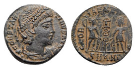 Constantine I (307/310-337). Æ Follis (14.5mm, 1.75g, 5h). Antioch, 335-7. Rosette-diademed, draped and cuirassed bust r. R/ Two soldiers flanking two...