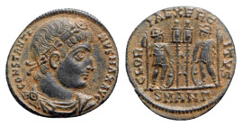 Constantine I (307/310-337). Æ Follis (17.5mm, 2.22g, 10h). Antioch, c. 333-5. Rosette-diademed, draped and cuirassed bust r. R/ Two soldiers standing...
