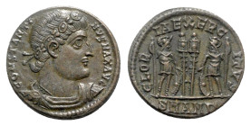 Constantine I (307/310-337). Æ Follis (17.5mm, 2.75g, 5h). Antioch, c. 333-5. Rosette-diademed, draped and cuirassed bust r. R/ Two soldiers standing ...