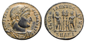 Constantine I (307/310-337). Æ Follis (17mm, 2.53g, 12h). Antioch, c. 333-5. Rosette-diademed, draped and cuirassed bust r. R/ Two soldiers standing f...