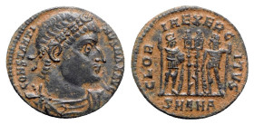 Constantine I (307/310-337). Æ Follis (18mm, 2.45g, 11h). Antioch, c. 333-5. Rosette-diademed, draped and cuirassed bust r. R/ Two soldiers standing f...