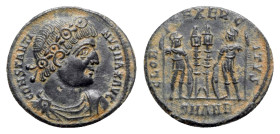Constantine I (307/310-337). Æ Follis (18mm, 2.56g, 6h). Antioch, c. 333-5. Rosette-diademed, draped and cuirassed bust r. R/ Two soldiers standing fa...