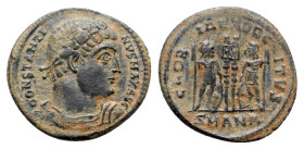 Constantine I (307/310-337). Æ Follis (19mm, 2.29g, 5h). Antioch, c. 333-5. Rosette-diademed, draped and cuirassed bust r. R/ Two soldiers standing fa...
