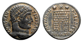 Constantine I (307/310-337). Æ Follis (19mm, 3.26g, 12h). Antioch, 326-7. Laureate head r. R/ Camp-gate with no doors and two turrets, star above; •//...