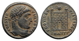 Constantine I (307/310-337). Æ Follis (19mm, 3.40g, 5h). Antioch, 326-7. Laureate head r. R/ Camp-gate with no doors and two turrets, star above; •//S...