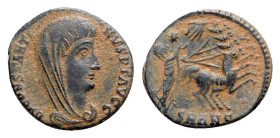 Divus Constantine I (died 337). Æ (15mm, 1.45g, 5h). Antioch, 337-340. Veiled head of Constantine r. R/ Constantine in quadriga r.; star and manus Dei...