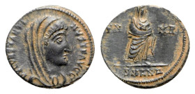 Divus Constantine I (died 337). Æ Follis (15mm, 1.65g, 6h). Antioch, 347-8. Veiled head r. R/ Constantine, veiled, standing r.; SMANA. RIC VIII 112. B...