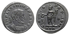 Licinius I (308-324). Æ Follis (20.5mm, 3.47g, 6h). Treveri, AD 316. Laureate and cuirassed bust r. R/ Genius standing l., holding patera and cornucop...
