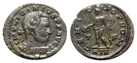 Licinius I (308-324). Æ Follis (21mm, 3.13g, 12h). Treveri, AD 316. Laureate and cuirassed bust r. R/ Genius standing l., holding patera and cornucopi...