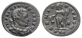 Licinius I (308-324). Æ Follis (23mm, 4.74g, 6h). Treveri, 310-3. Laureate, draped and cuirassed bust r. R/ Genius standing l., holding patera and cor...