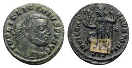 Licinius I (308-324). Æ Follis (21mm, 3.39g, 1h). Siscia, 313-5. Laureate head r. R/ Jupiter standing l., holding globe surmounted by Victory, leaning...