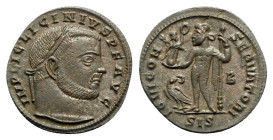 Licinius I (308-324). Æ Follis (22mm, 3.43g, 6h). Siscia, 313-5. Laureate head r. R/ Jupiter standing l., holding globe surmounted by Victory, leaning...