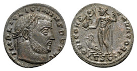 Licinius I (308-324). Æ Follis (23mm, 3.50g, 6h). Thessalonica, 313-6. Laureate head r. R/ Jupiter standing l., holding victory and sceptre; eagle bef...