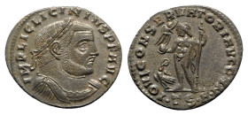 Licinius I (308-324). Æ Follis (24mm, 3.67g, 12h). Thessalonica, 312-3. Laureate, draped and cuirassed bust r. R/ Jupiter standing l., holding Victory...