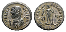 Licinius I (308-324). Æ Follis (18mm, 2.71g, 12h). Cyzicus, 317-320. Laureate and draped bust l., holding mappa, globe and sceptre. R/ Jupiter standin...